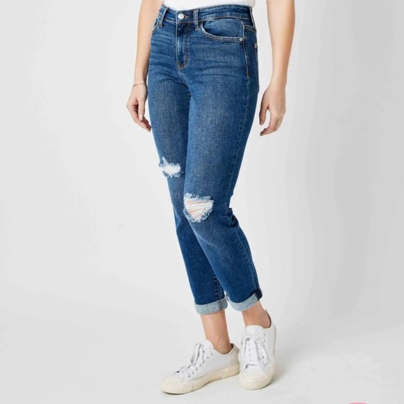 NWT Judy Blue Mid Rise Destroy Slim Fit In Dark Blue Wash Size 25/16W/20W - Picture 8 of 10